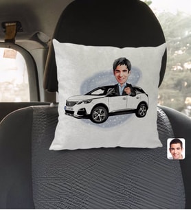 BK Gift Kişiye Özel Plakalı Erkek Peugeot 5008 Karikatürlü Kare Araç Koltuk Yastığı-1