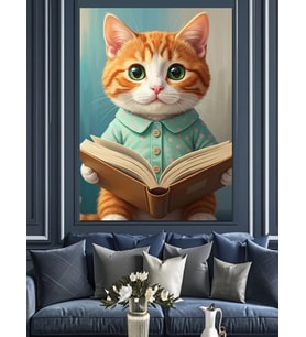 Kitap Okuyan Turuncu Kedi Dekoratif Kanvas - Mdf Ahşap Tablo