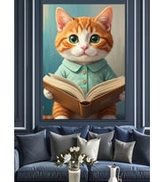 Kitap Okuyan Turuncu Kedi Dekoratif Kanvas - Mdf Ahşap Tablo