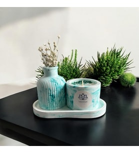 Lotusorium Taş Tozu Kalıbında %100 Doğal Kokulu Soya Mum,Vazo ve Tabak 3lü Set,Hediyelik Set,Dekoratif Obje (Turkuaz)