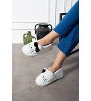 Hello Figürlü Kurdela Detaylı  Fiyonklu Kışlık Unisex Ev Terliği  Kaydırmaz Taban (Beyaz-Siyah)