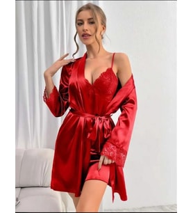 Amora Secret Dantel İşlemeli İnce Askılı Kırmızı Saten 2'li Gecelik Sabahlık Takımı