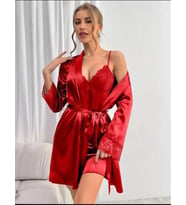 Amora Secret Dantel İşlemeli İnce Askılı Kırmızı Saten 2'li Gecelik Sabahlık Takımı