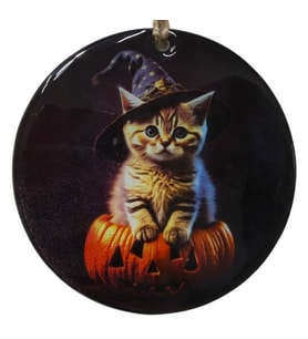 Sihirbaz Kedi Temalı Cam Kapı Süsü - Hediyelik Halloween Dekorasyonu - 12 cm