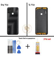 Infinix Hot 11 Play Siyah Uyumlu Lensli Arka Kapak + Yapıştırıcı ve Vida Seti Arka Cam Lazer Kesim