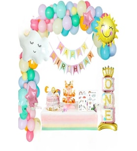 Doğum Günü Ayaklı One Pembe Folyolu, Güneş Bulutları Gökkuşağı Balon Parti Seti