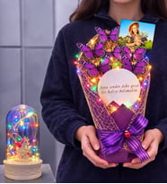 Size Özel Fotoğraflı Renkli Led Işıklı Aynalı Kelebek Buketi & Renkli Led Işıklı Fanuslu (Model 6)