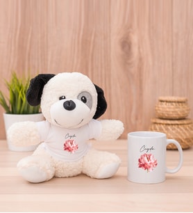 Kişiye Özel Pembe Çiçekli İsme Özel Peluş Köpek ve Beyaz Kupa