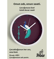 İsme Özel Tavus Kuşu Çocuk Odası Duvar Saati Orta Boy 30 cm Beyaz Camlı Sessiz