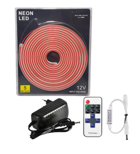 5 Metre 12 Volt 6x12 mm Esnek Pembe Neon Led 12A Tek Renk Kumandalı RF Dimmer 3A Plastik Adaptör Set