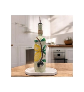 El yapımı Kabartma Kil Uygulamalı Zeytin ve Limon Desenli Cam Şişe Sirkelik-Yağdanlık, Mutfak dekor (Çok Renkli)