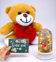 Kalpli Sevimli Peluş Ayıcık, Senin İçin Kartı ve Led Işıklı Fanus Seti (Model 8)
