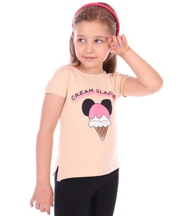 Toontoy Kız Bebek Dondurma Yazı Baskılı Tişört (Bej)