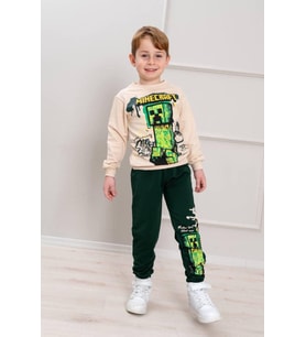 Cg Kids Minecraft Creeper Erkek Çocuk 2 İplik Alt Üst Takım Süper Kalite Kumaş Kabartma Baskı (Yeşil)