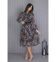 Neşeli Butik Kadın Kemerli Yeni Sezon Midi Boy Desenli Şifon Elbise Apcx04 (Çok Renkli)