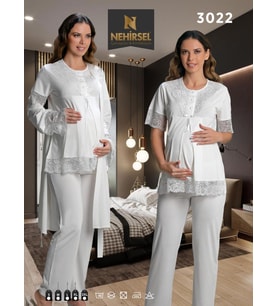 Nehirsel  3022 Ecru Hamile Lohusa 3 Lü Pijama Sabahlık Tk (Ekru)