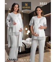 Nehirsel  3022 Ecru Hamile Lohusa 3 Lü Pijama Sabahlık Tk (Ekru)