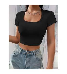Kadın Kare & Havuz Yaka Crop T-shirt ,Likralı Fitilli Kaşkorse Kumaş