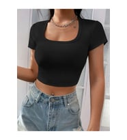 Kadın Kare & Havuz Yaka Crop T-shirt ,Likralı Fitilli Kaşkorse Kumaş