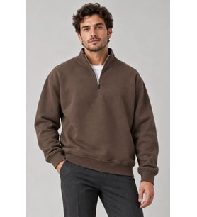 Biçomi Erkek Ekstra Kalın 3 İplik İçi Şardonlu Rahat Kalıp Kışlık Dik Yaka Sweatshirt – Kahve