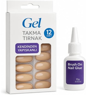 Gel Takma Tırnak Seti 12 Adet Kendinden Yapışkanlı Press-On Nails, Doğal Görünüm, Dayanıklı ve Kolay Uygulama, Evde Profesyonel Manikür, Brush On Nail Glue Yapıştırıcı Dahil