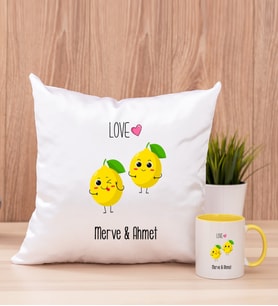 Kişiye Özel Sevimli Limonlar Kare Yastık ve Sarı Kupa