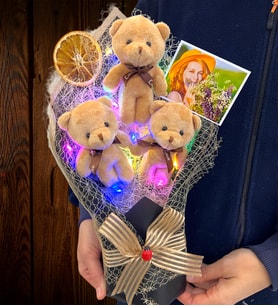 Fotoğraflı Renkli Led Işıklı Peluş Ayıcık Buketi Premium Ayıcık Buketi