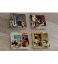 Oryantal Satranç Oynayanlar Kahveci ve Sultan Süleyman Doğal Taş Bardak Altlığı 4'lü set - Natural Stone Coasters