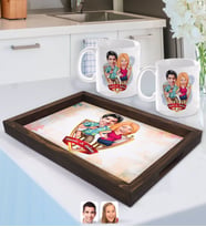 BK Gift Kişiye Özel İsimli Sevgililer Karikatürlü Doğal Ahşap Tepsi ve 2’li Kupa Bardak Seti-51