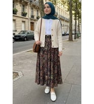 Kadın Kemerli Asimetrik Etnik Desenli Tesettür Etek