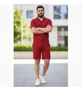 Erkek Waffle Kumaş Kısa Kollu Gömlek Şort Takım Regular Fit Yazlık İkili Set - Bordo