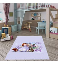 Princess Prenses Desen Dijital Baskı Yıkanabilir Kaymaz Taban Çocuk Odası Halısı (Gri)
