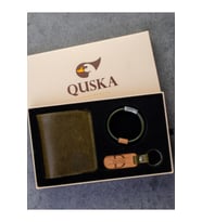 Kişiye Özel İsimli El Yapımı Hakiki Deri Yeşil Cüzdan+Anahtarlık+Bileklik Set - Grain Fold
