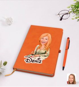 BK Gift Kişiye Özel Kadın Grafik Tasarımcı Karikatürlü Turuncu Termo Deri Defter Kalem Seti Model 1