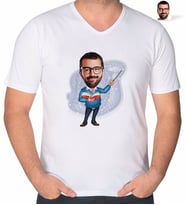 BK Gift Kişiye Özel Erkek Öğretmen Karikatürlü V Yaka Tişört-2 (Beyaz)