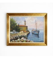 Tablore Nostaljik Deniz Teknesi Ve Sahil Camii Çerçeveli Kanvas Tablo Ev Ofis Duvar Dekoru