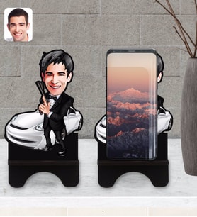 BK Gift Kişiye Özel Erkek Ajan Karikatürlü Ahşap Biblo Telefon Standı-1