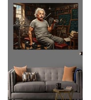 Çalışma Odasında Dambıl Kaldıran Albert Einstein İllüstrasyonu Dekoratif Kanvas - Mdf Ahşap Tablo