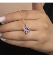 Rose Mor Lotus Çiçeği Zirkon Taşlı 925 Ayar Gümüş Kadın Kolye
