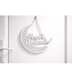Siyah Hayırlı Ramazanlar Yazılı Hilal Kapı Süsü – Modern Ramazan Kapı Dekoru (Beyaz)