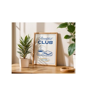 Ahşap Çerçeveli 33x48 1 Adet Mutfak Temalı Mavi Breakfast Club Yazılı Ekmekli Posterli Tablo