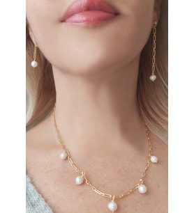 Vaoov 925 Ayar Gümüş Köşeli Zincirli İnci Küpe (Gold)