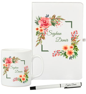 Anneye Hediye Kişiye Özel Beyaz Defter Kupa Kalem Seti