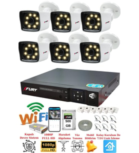 FURY 6 Kameralı 5mp Lens 1080p 2mp Color Görüntü 8 Warm Led Gece Görüş FullHd Güvenlik Kamera 5525W 500GB