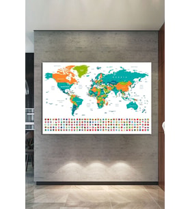 Dünya Haritası Ve Bayrakları World Map Dekoratif Kanvas Tablo (7 Farklı Ölçü)