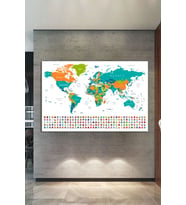 Dünya Haritası Ve Bayrakları World Map Dekoratif Kanvas Tablo (7 Farklı Ölçü)