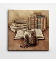 Kitap Okuyan Kediler Kare Kanvas Tablo