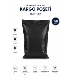 Siyah Cepsiz Orta Boy Kargo Poşeti 30x37+5 Cm 100 Adet