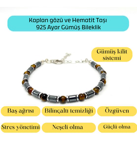 Sertifikalı Kaplan Gözü ve Hematit  925 Ayar Doğal Taş Gümüş Bileklik 4mm