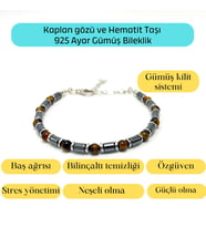 Sertifikalı Kaplan Gözü ve Hematit  925 Ayar Doğal Taş Gümüş Bileklik 4mm